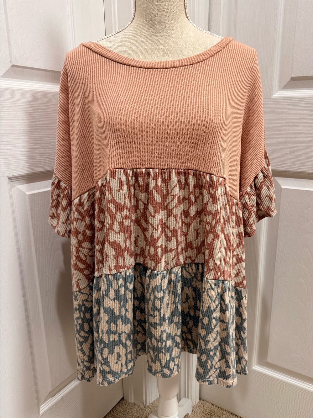 Honeyme Curvy XL Blush Mixed Print Tiered Babydoll Tunic Top Boho Boutique
